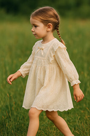 Kız Bebek Çocuk Uzun Kollu Dantelli Fiyonklu Fırfırlı Parti Düğün Doğum Günü Bayramlık Elbise