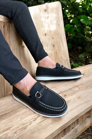 Lacivert Deri Loafer Ayakkabı Metal Tokalı Beyaz Dikiş Detaylı Konforlu Casual Ayakkabı SİYAH / 42