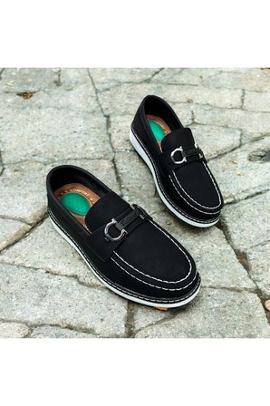Lacivert Deri Loafer Ayakkabı Metal Tokalı Beyaz Dikiş Detaylı Konforlu Casual Ayakkabı SİYAH / 42