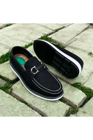Lacivert Deri Loafer Ayakkabı Metal Tokalı Beyaz Dikiş Detaylı Konforlu Casual Ayakkabı SİYAH / 42