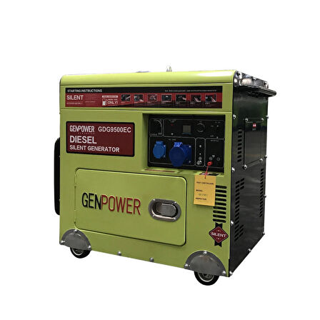 Genpower GDG 9500 EC Model 8,8 Kva, Dizel, Ses İzolasyon Kabinli,Marşlı,Tekerlekli,Monofaze (220 Volt) Portatif Jeneratör