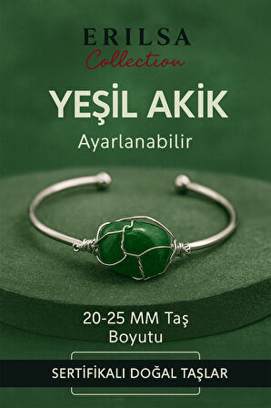 Sertifikalı Doğal Yeşil Akik Taşı Gümüş Kaplama Ayarlanabilir Bileklik – Şifa ve Huzur Taşı