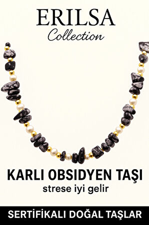 Sertifikalı Kırık Taşlı Model İnci - Karlı Obsidyen Taşı Kolye