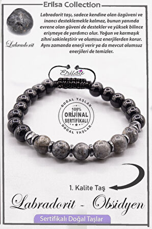 Sertifikalı AAA+ Kalite Gerçek Obsidyen  - Labradorit Taşı Bileklik