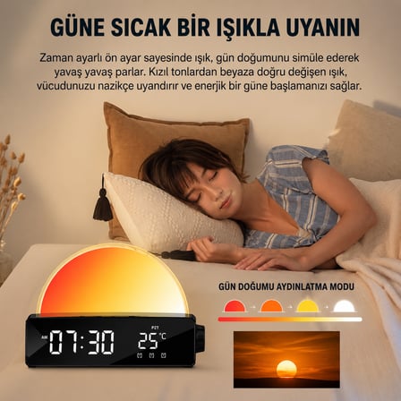 Gün Doğumu Simülasyonlu Dijital Çalar Saat – LED Uyandırma Işıklı, Gece Lambalı, USB Şarj Çıkışlı, Sıcaklık Göstergeli Masa Saati