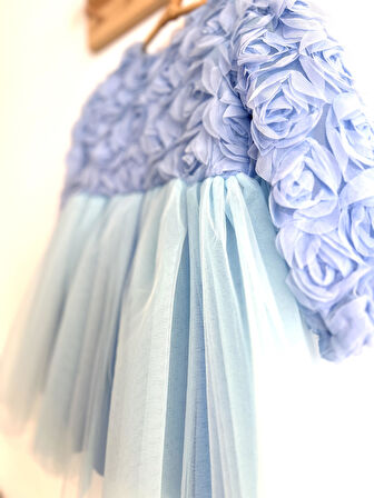 Kız Bebek Mavi Elbise Uzun Kollu Fiyonklu Doğum Günü Parti Düğün Özel Gün Tüllü Astarlı Prenses 