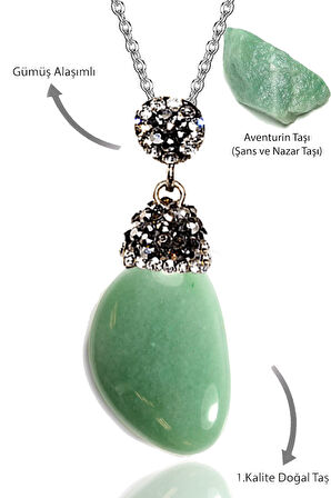 Sertifikalı Zirkon Taşlı Tamburlanmış Aventurin Taşı Kolye