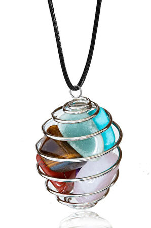 Sertifikalı Tel Sargılı 7 Çakra Kolye - Kaplan Gözü - Kuvars - Jasper - Firuze - Havlit - Aventurin