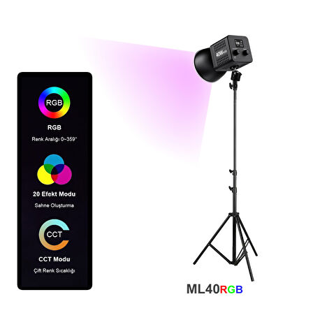 Gdx ML40RGB Fotoğrafçılık ve Video Çekim Tekli Işık Seti