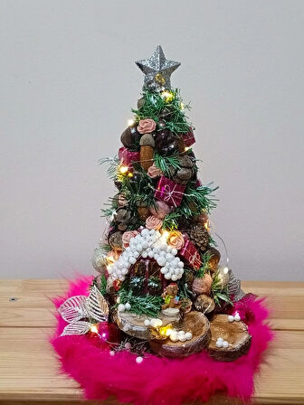 EL YAPIMI IŞIKLI  MİNİ YILBAŞI AĞACI,DEKORATİFKÖY EVİ KONSEPTİ SÜS,ÜCRETSİZ TESLİMAT