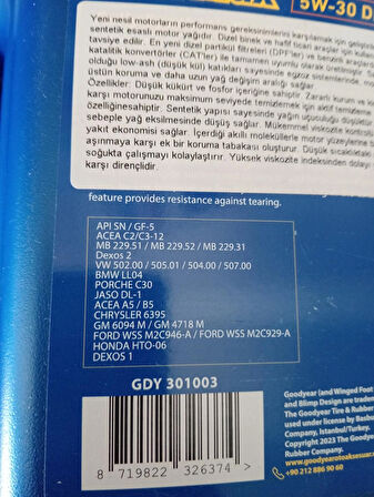 GOODYEAR 5W30 -PARTİKÜL 3,2 LİTRE MOTOR YAĞI PARÇA NO : GDY 301002 