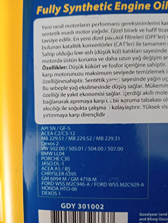 GOODYEAR 5W30 -PARTİKÜL 3,2 LİTRE MOTOR YAĞI PARÇA NO : GDY 301002 