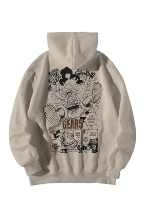 Unisex Krem Oversize Hoodie - One Piece Gear5 Anime Baskılı 3 İplik Şardonlu Streetwear Sweatshirt