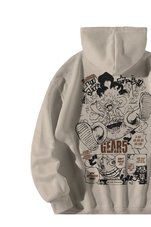 Unisex Krem Oversize Hoodie - One Piece Gear5 Anime Baskılı 3 İplik Şardonlu Streetwear Sweatshirt