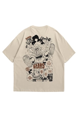 Unisex Krem Oversize T-Shirt - One Piece Gear5 Anime Baskılı %100 Pamuklu Bisiklet Yaka Tişört