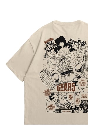 Unisex Krem Oversize T-Shirt - One Piece Gear5 Anime Baskılı %100 Pamuklu Bisiklet Yaka Tişört