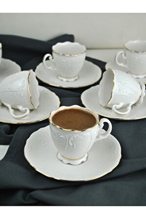 6 Kişilik Porselen Kahve Fincanı Seti Gold Yaldızlı Kahve Fincan Takımı- Amor 90ml