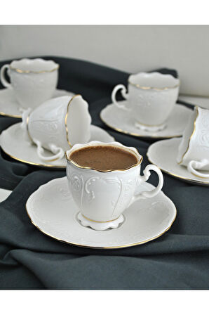 6 Kişilik Porselen Kahve Fincanı Seti Gold Yaldızlı Kahve Fincan Takımı- Amor 90ml