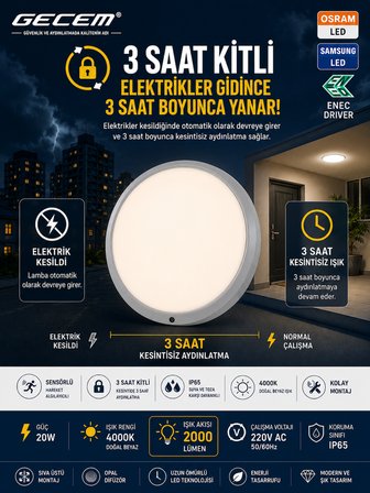 Gecem 20W Sensörlü LED Armatür 4000K (Doğal Beyaz)  IP65 Acil Aydınlatma Özellikli