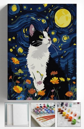 Sayılarla Boyama Seti Numaralı Tuval Fırça Boya Askı Aparatı Dahil Set 40x50 Cm - GECE VE KEDİ