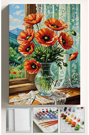 Sayılarla Boyama Hobi Seti Çerçeveli Numaralı Tuval Fırça Boya Dahil Kasnaklı GELİNCİK 40x50 Cm