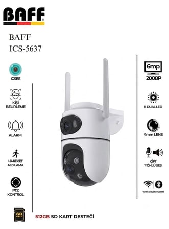 Baff ICS-5637 6mp Çift Lens Akıllı Wi-Fi Güvenlik Kamerası (Aı Insan Takip ve Renkli Gece Görüşlü)