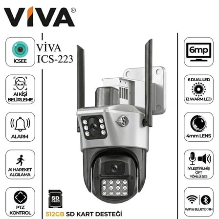 Baff Viva ICS-223 6mp Çift Lens Dual Kamera Wifi Kablosuz Güvenlik Kamerası - Icsee Akıllı Aı Insan Takipli Gece Görüşlü Dış Mekan