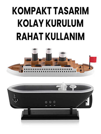 Gemi Tasarımlı Aromaterapi Difüzör & Nemlendirici - Denizanası Buhar Efekti, LED Işık ve Uzaktan Kumandalı