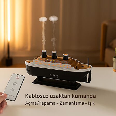 Gemi Tasarımlı Aromaterapi Difüzör & Nemlendirici - Denizanası Buhar Efekti, LED Işık ve Uzaktan Kumandalı
