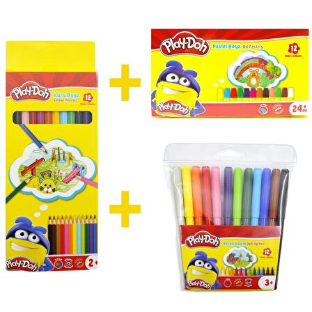 Play-Doh 12 Renk Kuru Boya 12 Renk Pastel Boya 12 Renk Keçeli Kalem Set