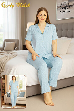 Kadın Pijama Takımı Pamuklu Geniş Beden Gömlek ve Pijama Seti (Battal Boy)