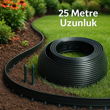 GEOSU Üreticiden Siyah Çim Ayırıcı - Peyzaj Sınırlayıcı - Toprak Taş Ayıracı -25 Metre Çim Şekillendirici 40 Adet Sabitleme Kazığı ile Birlikte
