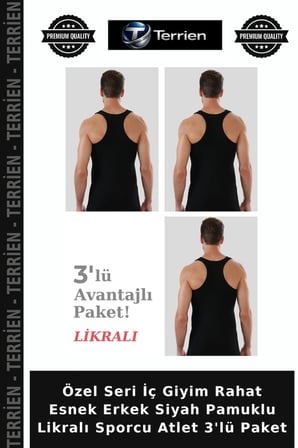 Özel Seri İç Giyim Rahat Esnek Erkek Siyah Pamuklu Likralı Sporcu Atlet 3'lü Paket