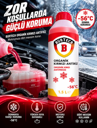 BURTECH Organik Kırmızı Antifriz -56°C 1,5 Litre Motor Radyatör Soğutma Sıvısı