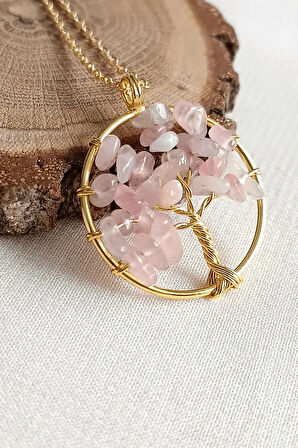 Sertifalı Gold Pembe Kuvars Taşı Hayat Ağacı Kolye