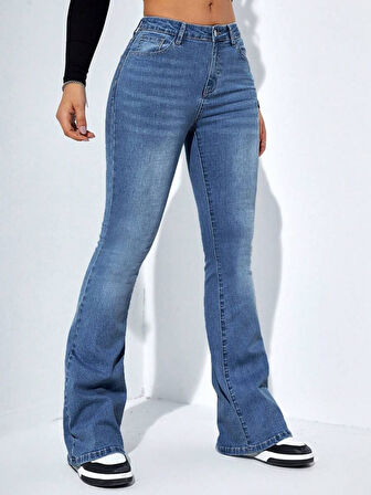 GETİCARET Kadın Yüksek Bel Cepli İspanyol Paçalı Kot Jeans Pantolon