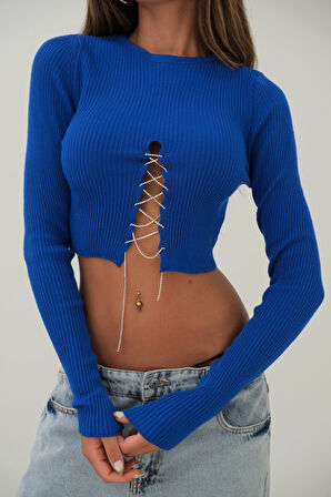 GETİCARET Taş Detay Triko Yaka Crop Bluz