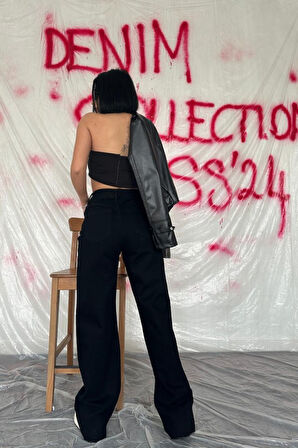 GETİCARET Siyah Yüksek Bel Ve Geniş Paça Jeans Pantolon