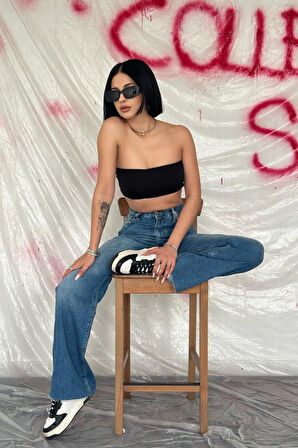 GETİCARET Mavi Yüksek Bel Ve Geniş Paça Jeans Pantolon