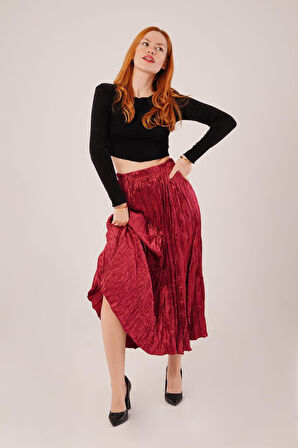 GETİCARET Midi Boy Pileli Saten Bordo Etek
