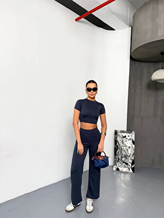 GETİCARET Osy Modal Yumuşak Dokulu Kumaş Kısa Kollu Crop Alt Ispanyol Paça Pantalon Ikili Takım - Füme