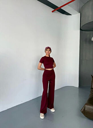 GETİCARET Osy Modal Yumuşak Dokulu Kumaş Kısa Kollu Crop Rahat Pantalon Ikili Takım - Bordo
