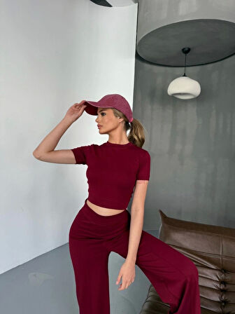 GETİCARET Osy Modal Yumuşak Dokulu Kumaş Kısa Kollu Crop Rahat Pantalon Ikili Takım - Bordo