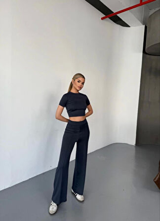 GETİCARET Osy Modal Yumuşak Dokulu Kumaş Kısa Kollu Crop Rahat Pantalon Ikili Takım - Füme