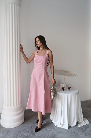 GETİCARET Pembe Çift Dikişli Gabardin Elbise