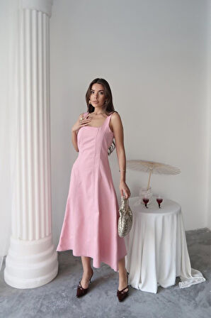 GETİCARET Pembe Çift Dikişli Gabardin Elbise