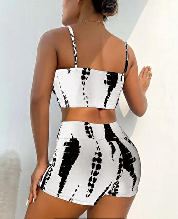 GETİCARET Kadın Büzgü Detay Askılı Crop Mini Tayt Ikili Takım