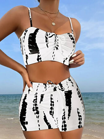 GETİCARET Kadın Büzgü Detay Askılı Crop Mini Tayt Ikili Takım