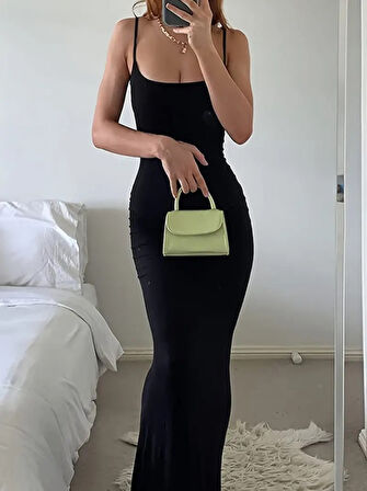 GETİCARET Kadın Kolsuz Askılı Bodycon Uzun Viskon Elbise