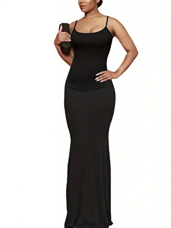 GETİCARET Kadın Kolsuz Askılı Bodycon Uzun Viskon Elbise